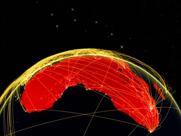 インター コンチネンタル航空交通を表すネットワークまたは通信ネットワークと空間で暗い地球上のアフリカ イラスト Nasa から提供されたこのイメージの要素 — ストック写真