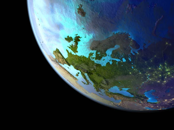 Europe from space on a beautifully crafted 3D model of Earth with bright city lights. 3D illustration. Elements of this image furnished by NASA.