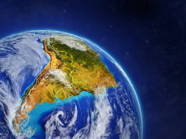 南美洲的空间 地球与国家边界和非常高的地球表面和云的细节 Nasa 提供的这张图片的元素 — 图库照片