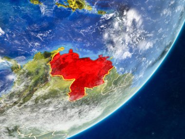 Venezuela modeli bir ülke sınırları ve çok detaylı gezegenin yüzey ve bulutlar Dünya gezegeni. 3D çizim. Nasa tarafından döşenmiş bu görüntü unsurları.