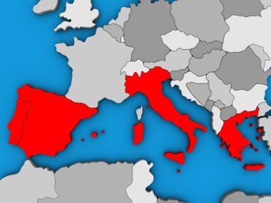 Güney Avrupa Mavi siyasi 3d dünya üzerinde. 3D çizim.