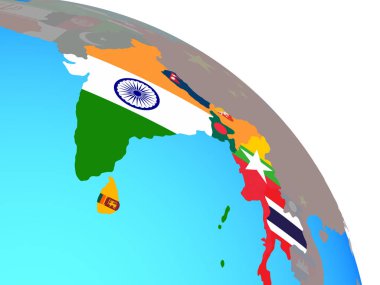 Bimstec üye devletler basit mavi siyasi dünya Ulusal bayrakları ile. 3D çizim.