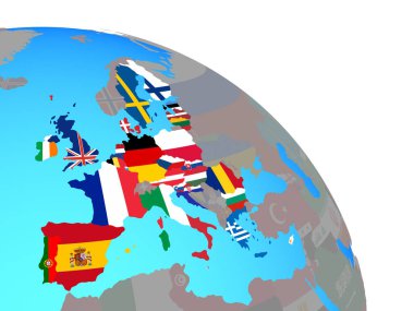 Avrupa Birliği ile basit mavi siyasi dünya Ulusal bayrakları. 3D çizim.