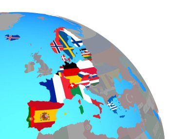 Schengen alanı üyeleri basit mavi siyasi dünya Ulusal bayrakları ile. 3D çizim.