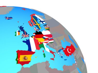 Basit mavi siyasi dünya Ulusal bayrakları ile OECD Avrupa ülkeleri. 3D çizim.