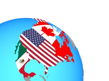 NAFTA ülkeleri basit mavi siyasi dünya Ulusal bayrakları ile. 3D çizim.