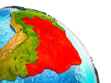 Brezilya vurgulanan su ve görünür ülke sınırları ile 3d dünya modeli. 3D çizim.