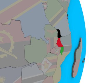 Malavi basit siyasi 3d dünya üzerinde katıştırılmış ulusal bayrak ile. 3D çizim.