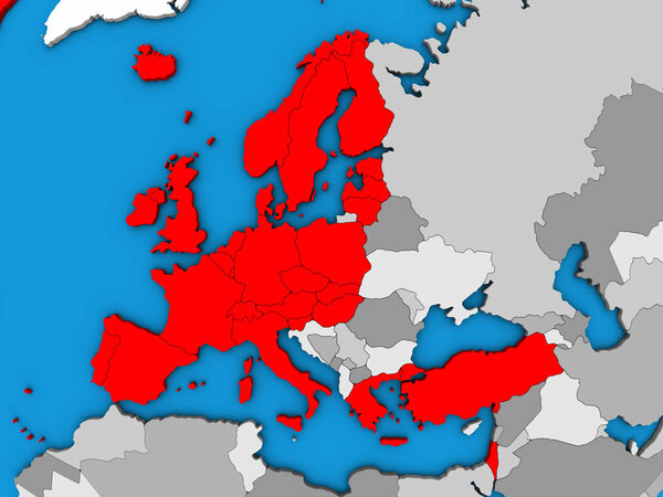 OECD European members on blue political 3D globe. 3D illustration.