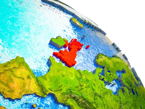 联合王国在3D 地球模型中强调水和可见的国家边界 — 图库照片