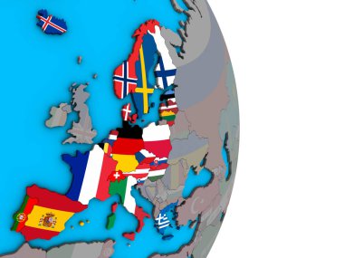 Schengen alanı üyeleri basit siyasi 3d dünya üzerinde katıştırılmış ülke bayrakları ile. 3D çizim.