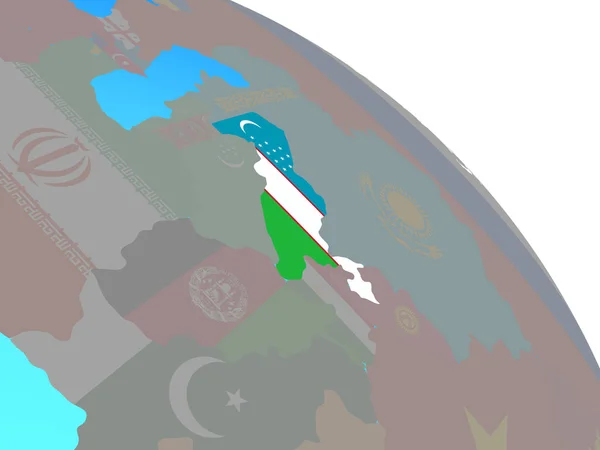 乌兹别克斯坦与国旗在简单的蓝色政治世界 — 图库照片