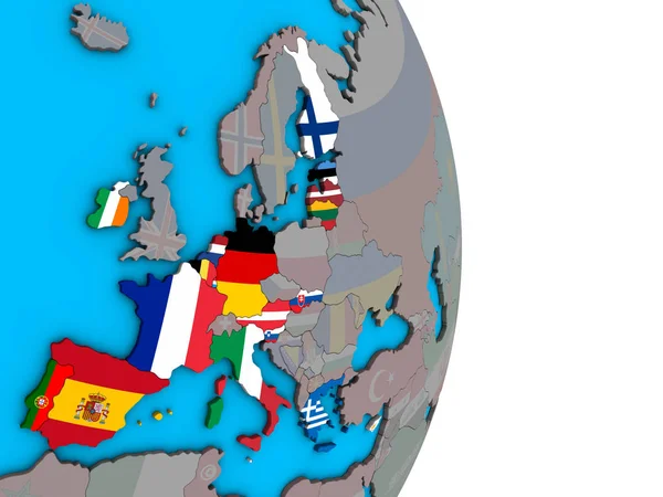 Państwa Członkowskie Strefy Euro Osadzonych Flagi Narodowe Proste Globus Polityczny — Zdjęcie stockowe