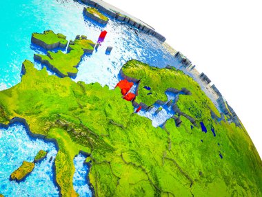 Danimarka vurgulanan su ve görünür ülke sınırları ile 3d dünya modeli. 3D çizim.