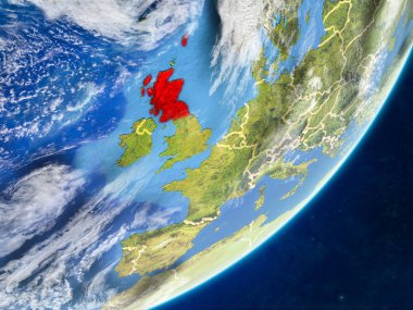 İskoçya modeli bir ülke sınırları ve çok detaylı gezegenin yüzey ve bulutlar Dünya gezegeni. 3D çizim. Nasa tarafından döşenmiş bu görüntü unsurları.