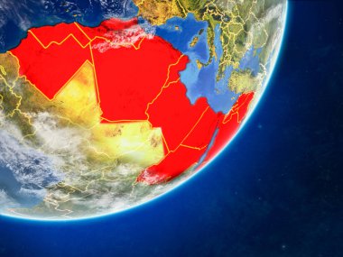 Arap Birliği modeli bir ülke sınırları ve çok detaylı gezegenin yüzey ve bulutlar Dünya gezegeni. 3D çizim. Nasa tarafından döşenmiş bu görüntü unsurları.