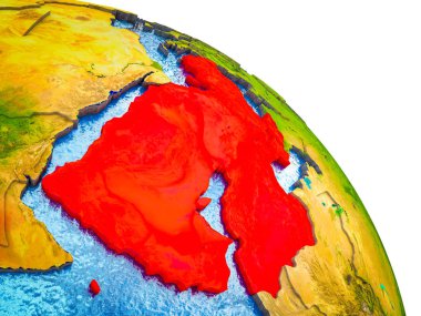 Batı Asya 3d dünya modeli su ve görünür ülke sınırları ile vurgulanır. 3D çizim.