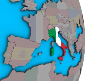 Basit siyasi 3d dünya üzerinde katıştırılmış ulusal bayrak ile İtalya. 3D çizim.