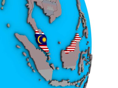 Malezya ile basit siyasi 3d dünya üzerinde katıştırılmış ulusal bayrak. 3D çizim.