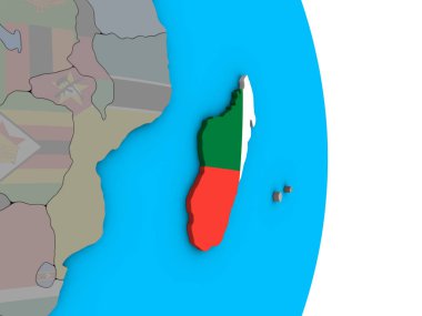 Madagaskar basit siyasi 3d dünya üzerinde katıştırılmış ulusal bayrak ile. 3D çizim.