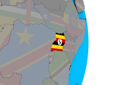 Uganda basit siyasi 3d dünya üzerinde katıştırılmış ulusal bayrak ile. 3D çizim.