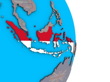 Endonezya basit siyasi 3d dünya üzerinde katıştırılmış ulusal bayrak ile. 3D çizim.