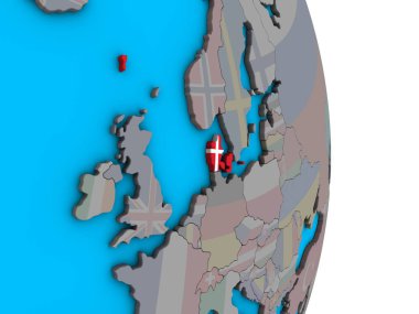 Danimarka ile basit siyasi 3d dünya üzerinde katıştırılmış ulusal bayrak. 3D çizim.