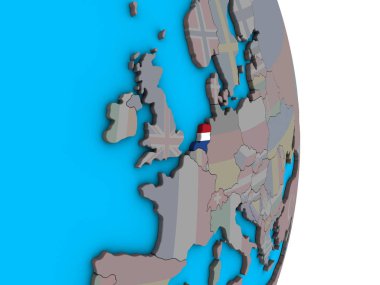 Basit siyasi 3d dünya üzerinde katıştırılmış ulusal bayrak ile Hollanda. 3D çizim.