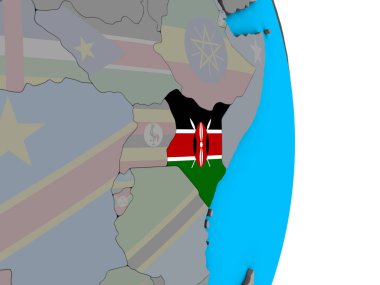 Kenya ile basit siyasi 3d dünya üzerinde katıştırılmış ulusal bayrak. 3D çizim.
