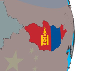 Moğolistan ile basit siyasi 3d dünya üzerinde katıştırılmış ulusal bayrak. 3D çizim.