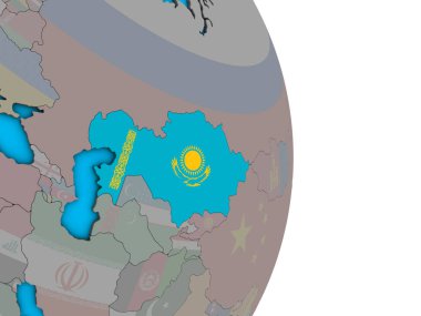 Kazakistan basit siyasi 3d dünya üzerinde katıştırılmış ulusal bayrak ile. 3D çizim.
