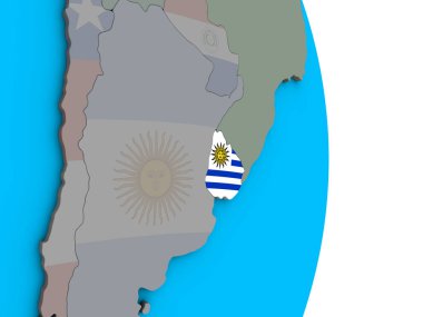 Uruguay ile basit siyasi 3d dünya üzerinde katıştırılmış ulusal bayrak. 3D çizim.