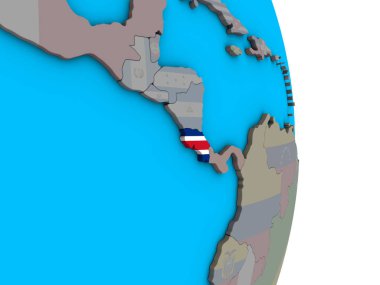 Kosta Rika ile basit siyasi 3d dünya üzerinde katıştırılmış ulusal bayrak. 3D çizim.