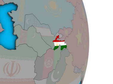Tacikistan basit siyasi 3d dünya üzerinde katıştırılmış ulusal bayrak ile. 3D çizim.