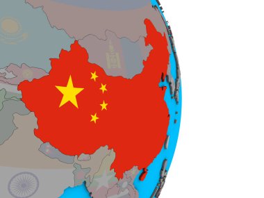 Çin ile basit siyasi 3d dünya üzerinde katıştırılmış ulusal bayrak. 3D çizim.