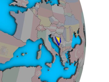 Bosna ve Hersek ile basit siyasi 3d dünya üzerinde katıştırılmış ulusal bayrak. 3D çizim.