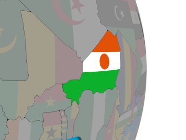 Nijer basit siyasi 3d dünya üzerinde katıştırılmış ulusal bayrak ile. 3D çizim.