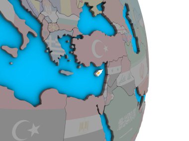 Kıbrıs ile basit siyasi 3d dünya üzerinde katıştırılmış ulusal bayrak. 3D çizim.
