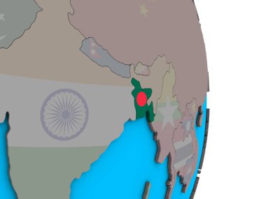 Bangladeş basit siyasi 3d dünya üzerinde katıştırılmış ulusal bayrak ile. 3D çizim.