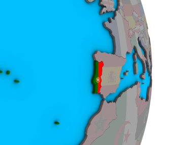 Portekiz basit siyasi 3d dünya üzerinde katıştırılmış ulusal bayrak ile. 3D çizim.