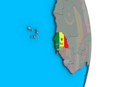 Senegal ile basit siyasi 3d dünya üzerinde katıştırılmış ulusal bayrak. 3D çizim.