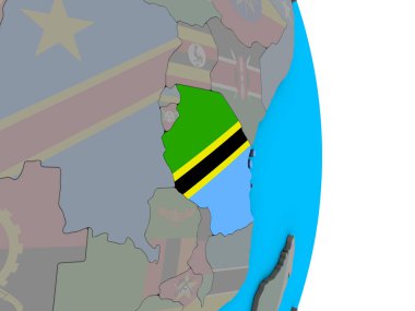 Tanzanya ile basit siyasi 3d dünya üzerinde katıştırılmış ulusal bayrak. 3D çizim.