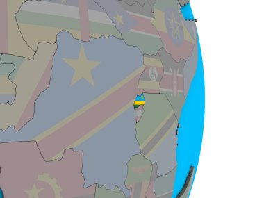 Basit siyasi 3d dünya üzerinde katıştırılmış ulusal bayrak ile Ruanda. 3D çizim.