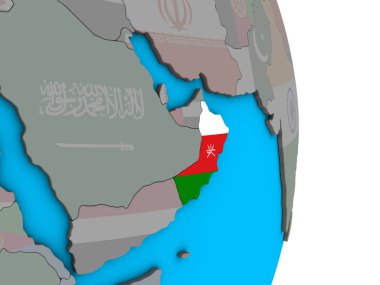 Umman ile basit siyasi 3d dünya üzerinde katıştırılmış ulusal bayrak. 3D çizim.