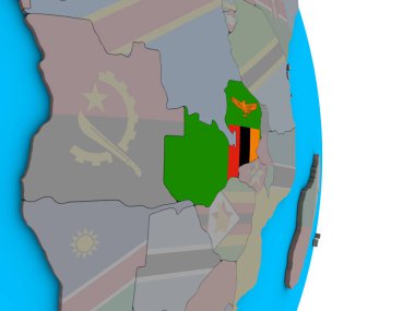 Basit siyasi 3d dünya üzerinde katıştırılmış ulusal bayrak ile Zambiya. 3D çizim.