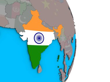 Hindistan basit siyasi 3d dünya üzerinde katıştırılmış ulusal bayrak ile. 3D çizim.