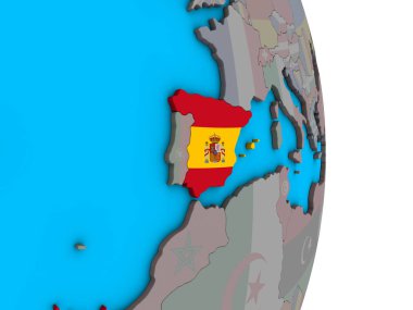 İspanya ile basit siyasi 3d dünya üzerinde katıştırılmış ulusal bayrak. 3D çizim.