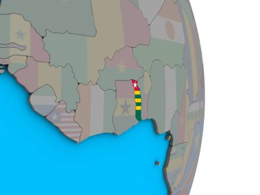 Togo basit siyasi 3d dünya üzerinde katıştırılmış ulusal bayrak ile. 3D çizim.