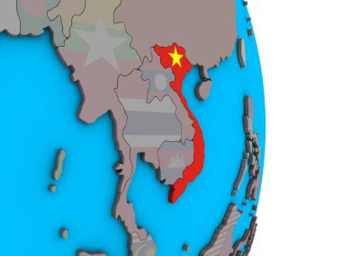 Vietnam ile basit siyasi 3d dünya üzerinde katıştırılmış ulusal bayrak. 3D çizim.