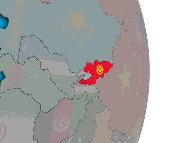 Kırgızistan ile basit siyasi 3d dünya üzerinde katıştırılmış ulusal bayrak. 3D çizim.